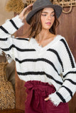 Distressed Striped V-Neck Sweater - Olive & Sage Boutique