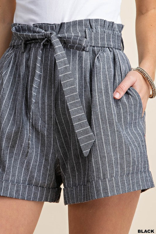 Striped Paperbag Shorts - Black - Olive & Sage Boutique